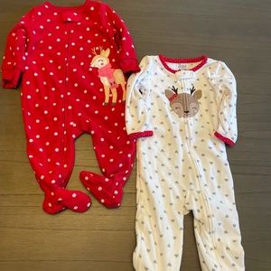 2 fleece zip up footie pjs.